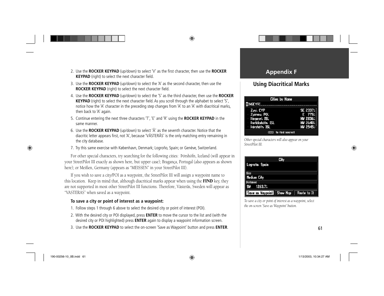 Using diacritical marks appendix f | Garmin StreetPilot III User Manual | Page 63 / 74