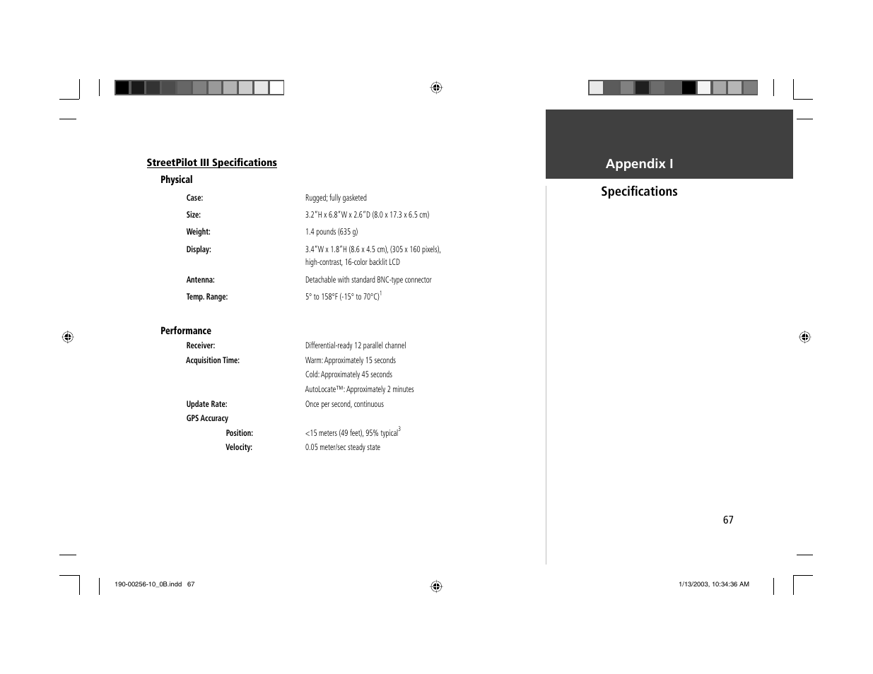 Speciﬁ cations, Appendix i | Garmin StreetPilot III User Manual | Page 69 / 74