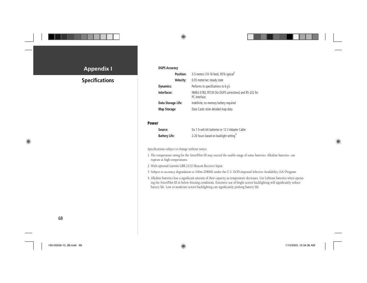 Speciﬁ cations appendix i | Garmin StreetPilot III User Manual | Page 70 / 74