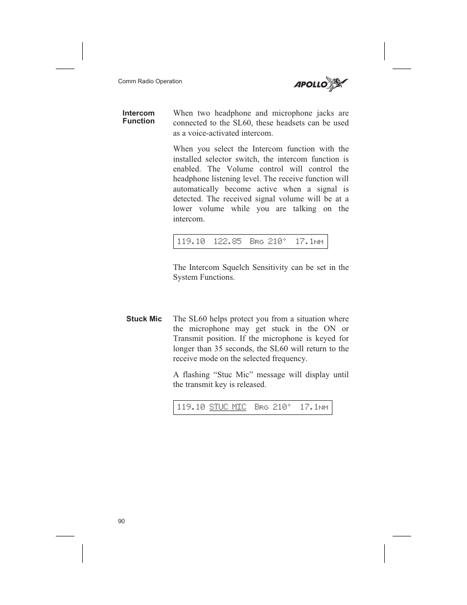 Intercom function 90, Intercom 90, Squelch 90 | Stuc mic 90, Intercom function | Garmin SL60 User Manual | Page 100 / 134