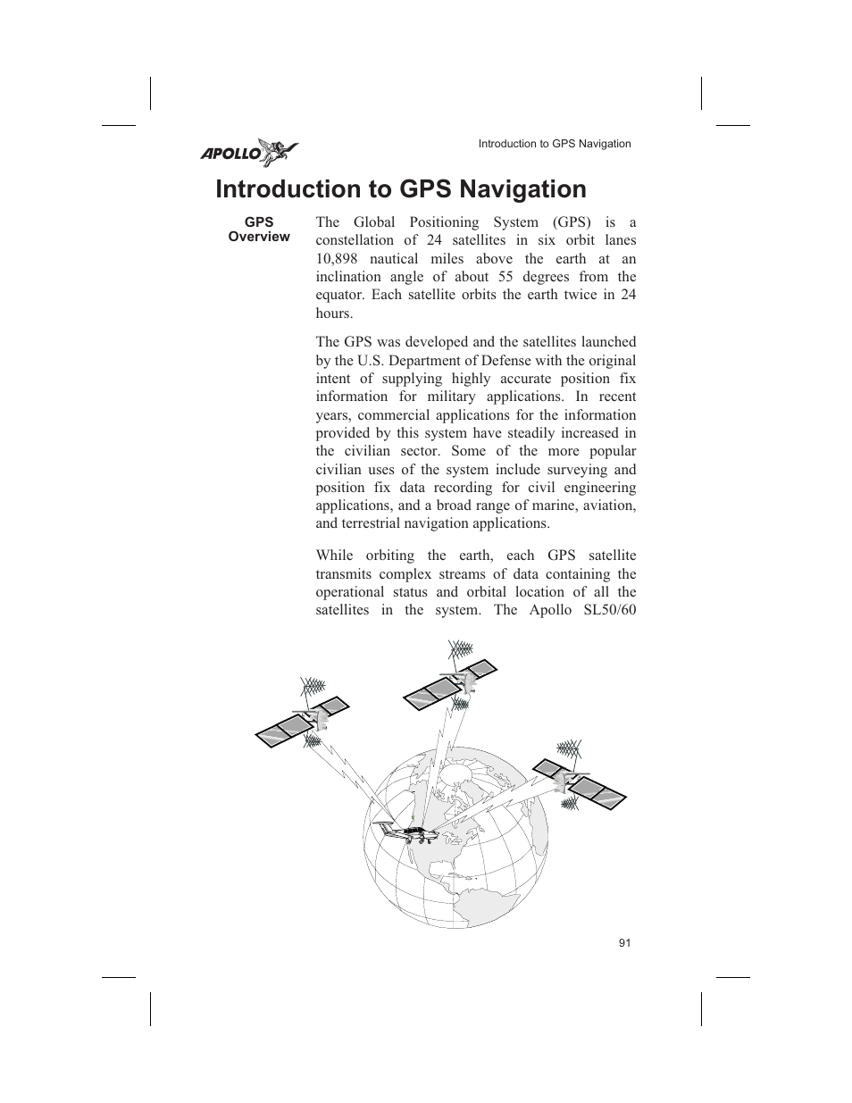 Introduction to gps navigation 91, Gps overview 91, Introduction 91 | Introduction to gps navigation, Gps overview | Garmin SL60 User Manual | Page 101 / 134