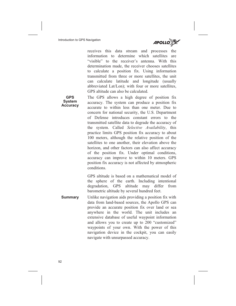 Gps system accuracy 92, Summary 92, Altitude 92 | Gps system accuracy, Summary | Garmin SL60 User Manual | Page 102 / 134