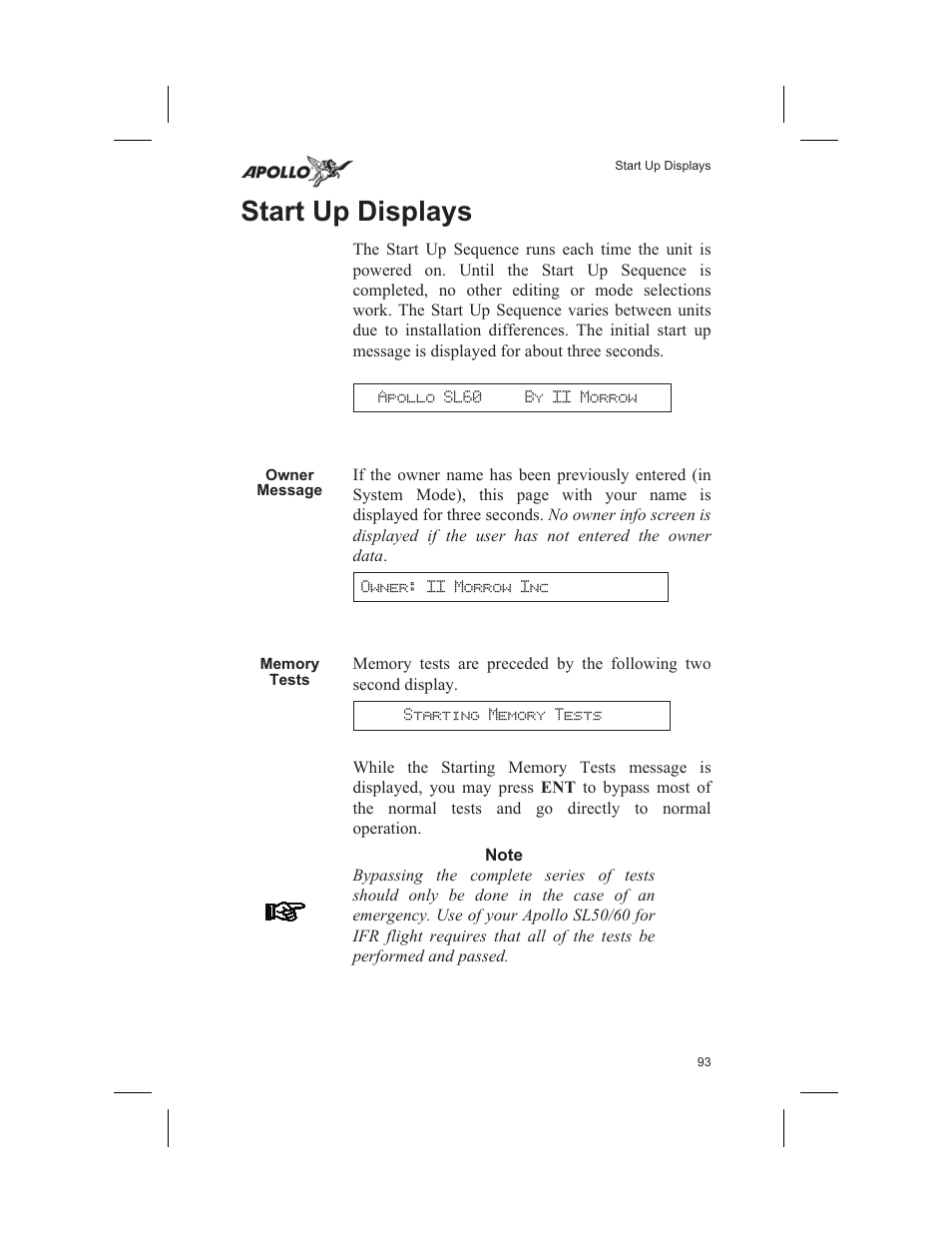 Start up displays 93, Owner message 93, Memory tests 93 | Memory test 93, Start up displays 93-96, Start up displays, Owner message, Memory tests | Garmin SL60 User Manual | Page 103 / 134