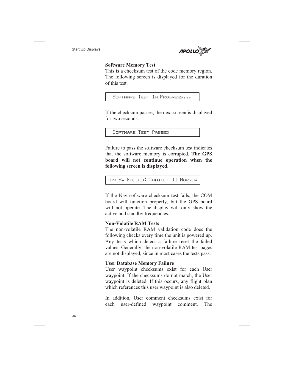 Software memory test 94, Non-volatile ram tests 94, User database memory failure 94 | Non-volatile ram test 94, Software memory test, Non-volatile ram tests, User database memory failure | Garmin SL60 User Manual | Page 104 / 134