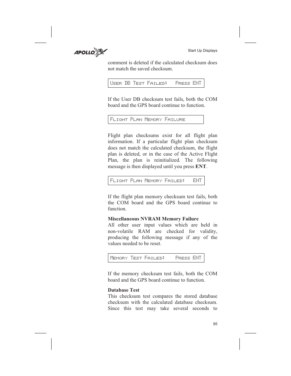 Miscellaneous nvram memory failure 95, Database test 95, Memory test 92 95 | Miscellaneous nvram memory failure, Database test | Garmin SL60 User Manual | Page 105 / 134