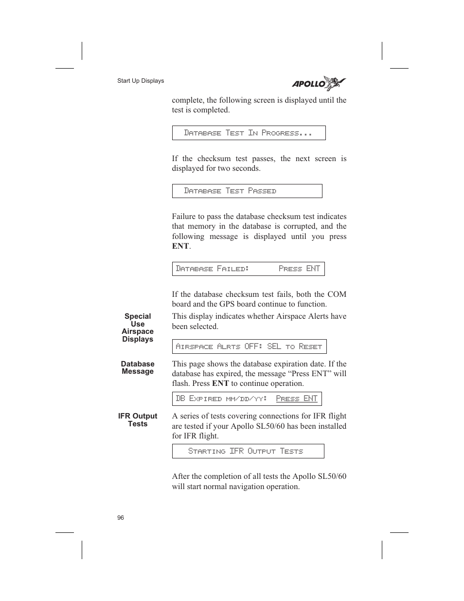 Special use airspace displays 96, Database message 96, Ifr output tests 96 | Airspace 96, Special use airspace displays, Database message, Ifr output tests | Garmin SL60 User Manual | Page 106 / 134