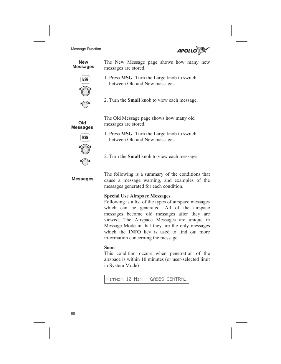 New messages 98, Old messages 98, Messages 98 | Special use airspace messages 98, Soon 98, New messages, Old messages, Messages, Special use airspace messages, Soon | Garmin SL60 User Manual | Page 108 / 134