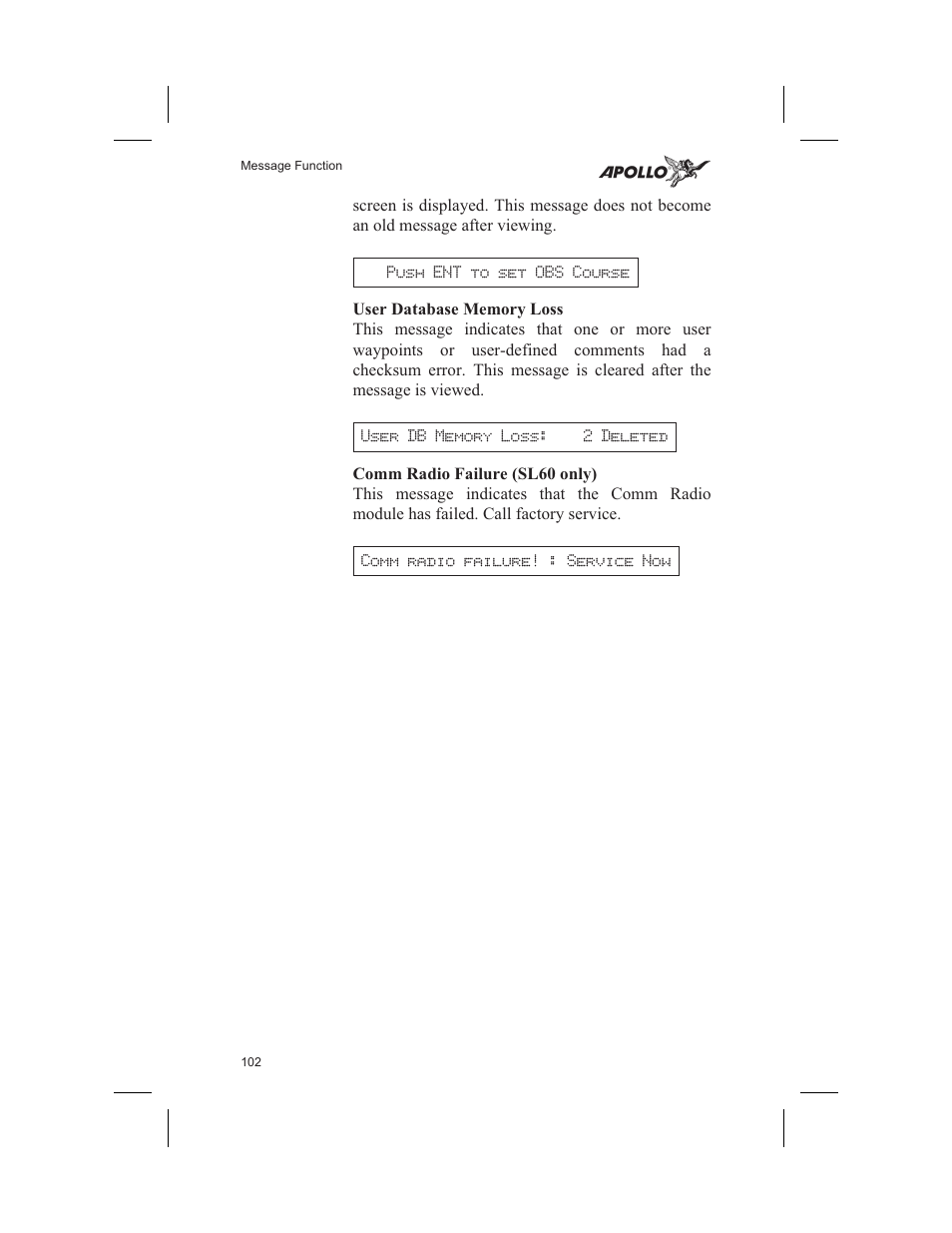 User database memory loss 102, Comm radio failure (sl60 only) 102, User database memory loss | Comm radio failure (sl60 only) | Garmin SL60 User Manual | Page 112 / 134