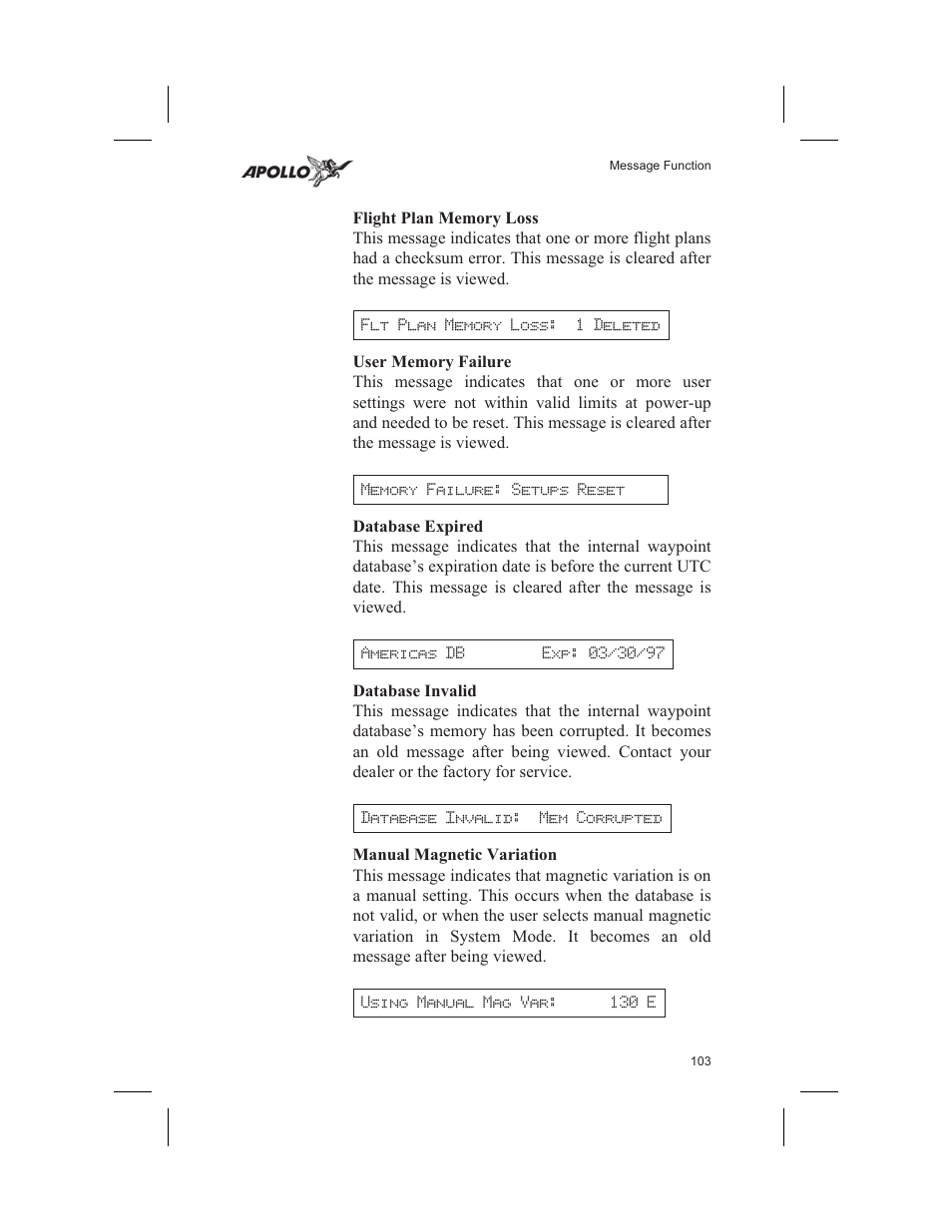 Flight plan memory loss 103, User memory failure 103, Database expired 103 | Database invalid 103, Manual magnetic variation 103, Flight plan memory loss, User memory failure, Database expired, Database invalid, Manual magnetic variation | Garmin SL60 User Manual | Page 113 / 134