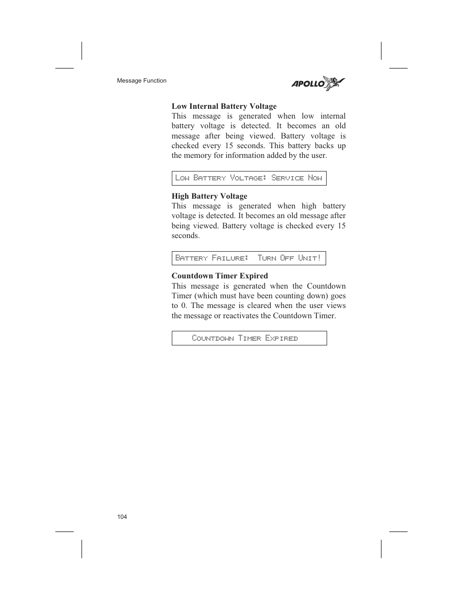 Low internal battery voltage 104, High battery voltage 104, Countdown timer expired 104 | Battery voltage 104, Low internal battery voltage, High battery voltage, Countdown timer expired | Garmin SL60 User Manual | Page 114 / 134