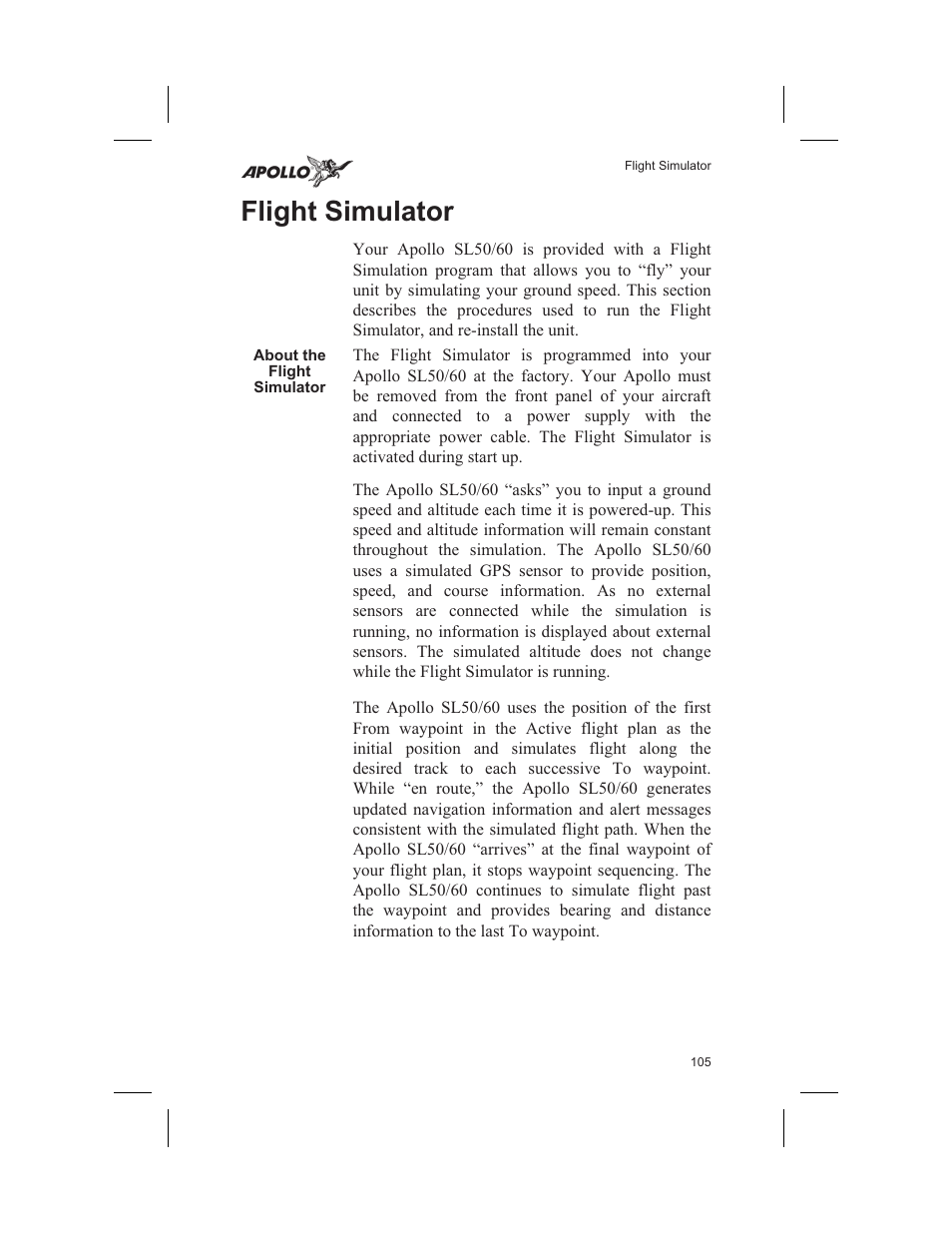 Flight simulator 105, Flight simulator 105 - 108, Flight simulator | Garmin SL60 User Manual | Page 115 / 134