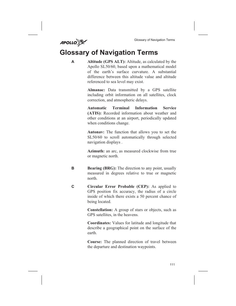 Glossary of navigation terms 111, Glossary 111-118, Glossary of navigation terms | Garmin SL60 User Manual | Page 121 / 134