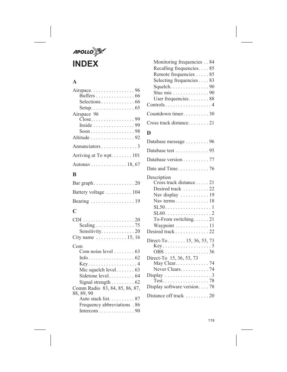 Index | Garmin SL60 User Manual | Page 129 / 134