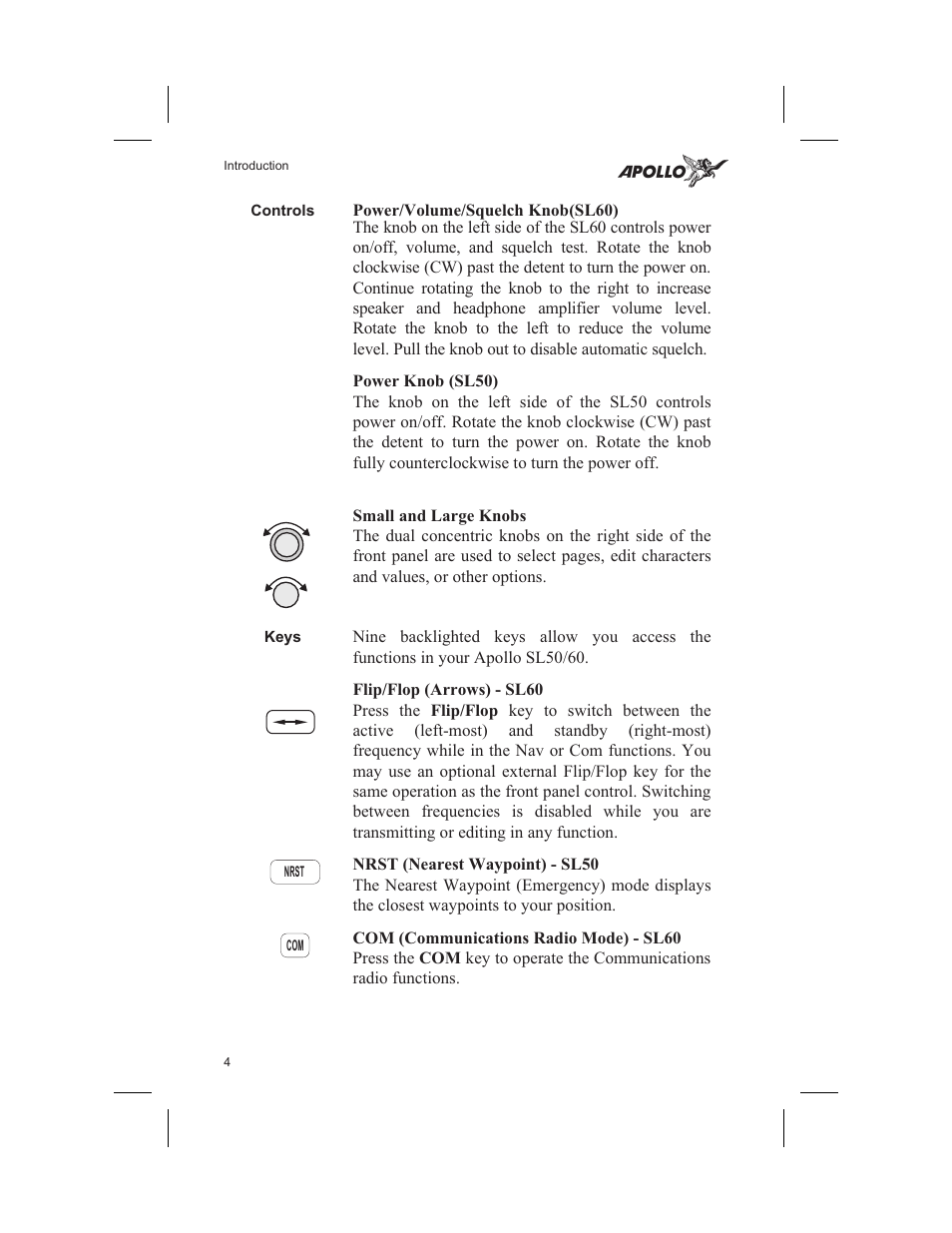 Controls 4, Keys 4, Key 4 | Flip/flop key 4, Squelch knob 4, Volume knob 4, Controls, Keys | Garmin SL60 User Manual | Page 14 / 134