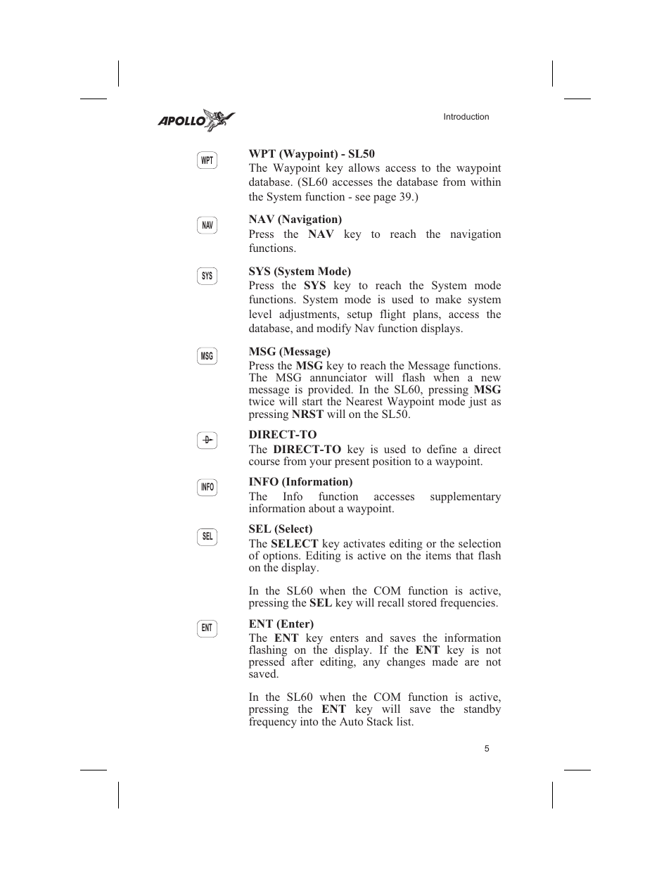 Key 5, Enter key 5, Message 5, 97-104 | Select key 5 | Garmin SL60 User Manual | Page 15 / 134