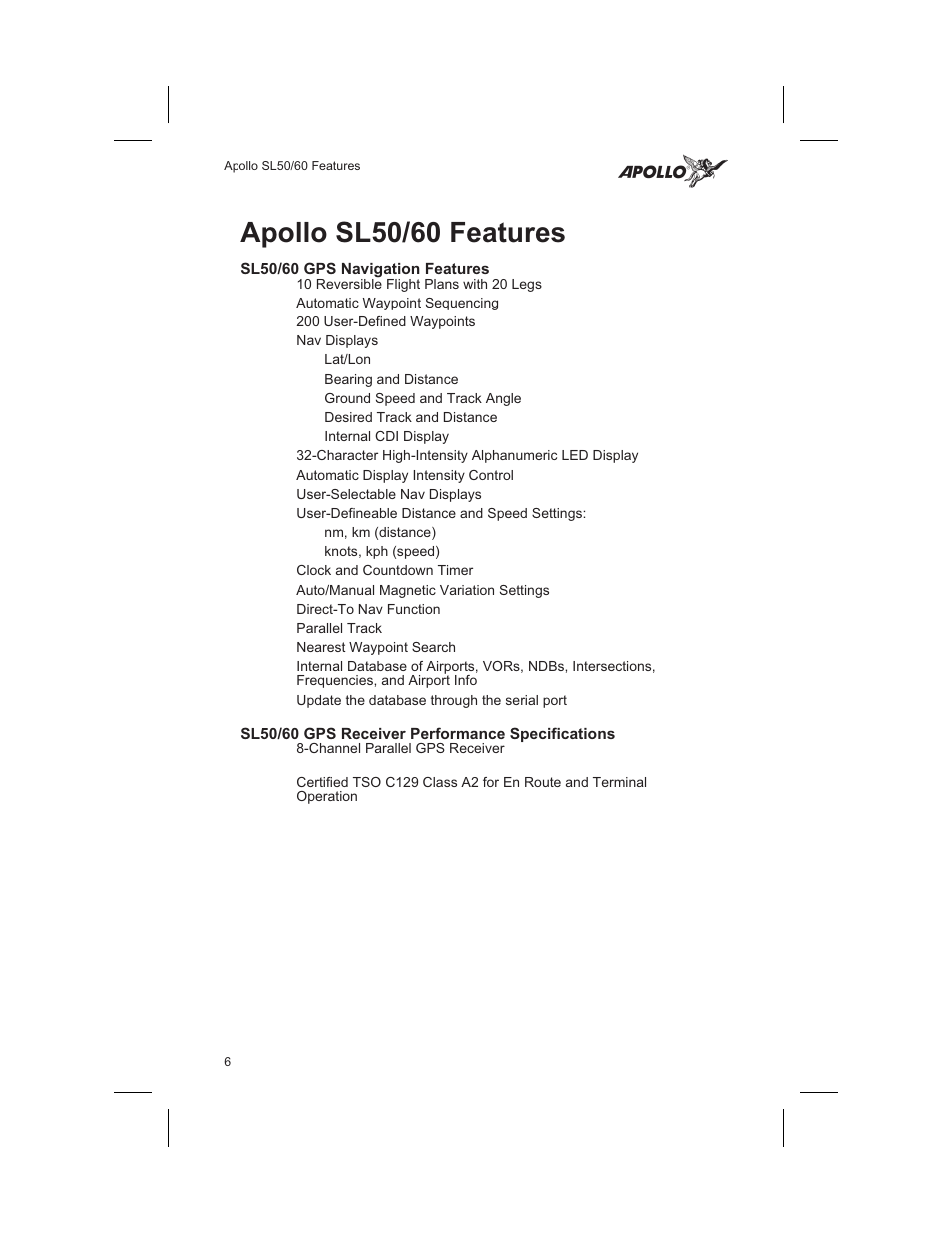 Apollo sl50/60 features 6, Specifications 6, 7, 8, Apollo sl50/60 features | Garmin SL60 User Manual | Page 16 / 134