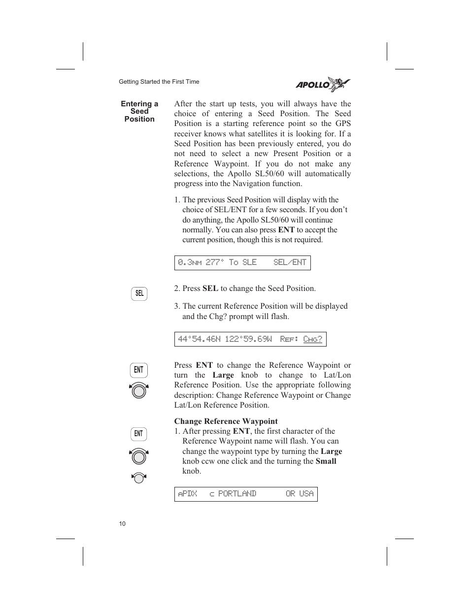 Entering a seed position 10, Change reference waypoint 10, Reference waypoint 10, 26 | Entering a seed position, Change reference waypoint | Garmin SL60 User Manual | Page 20 / 134