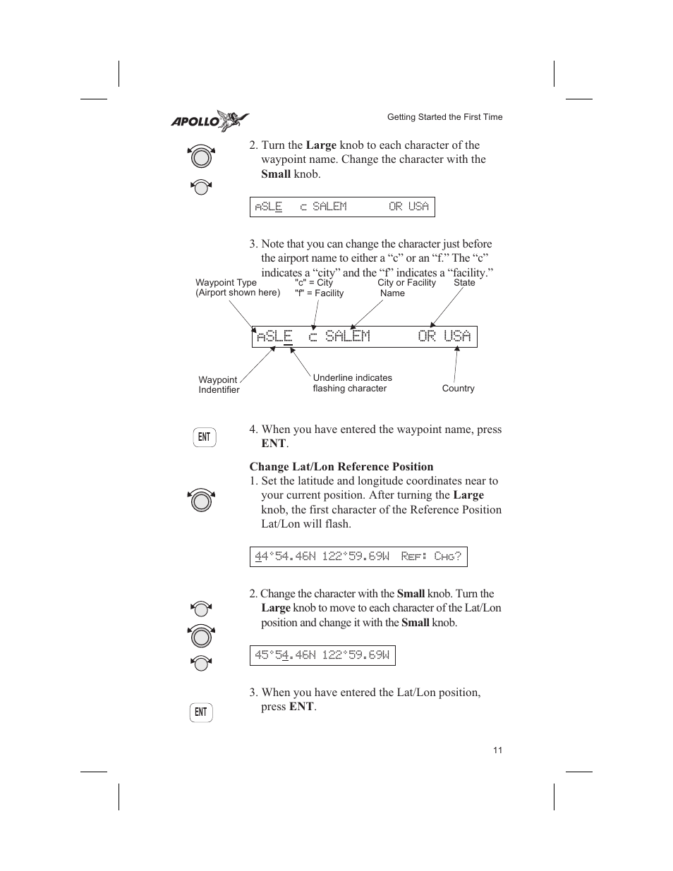 Change lat/lon reference position 11, Waypoint 11, Reference waypoint 10, 11, 26 | Change lat/lon reference position, Asl c salem or usa e | Garmin SL60 User Manual | Page 21 / 134