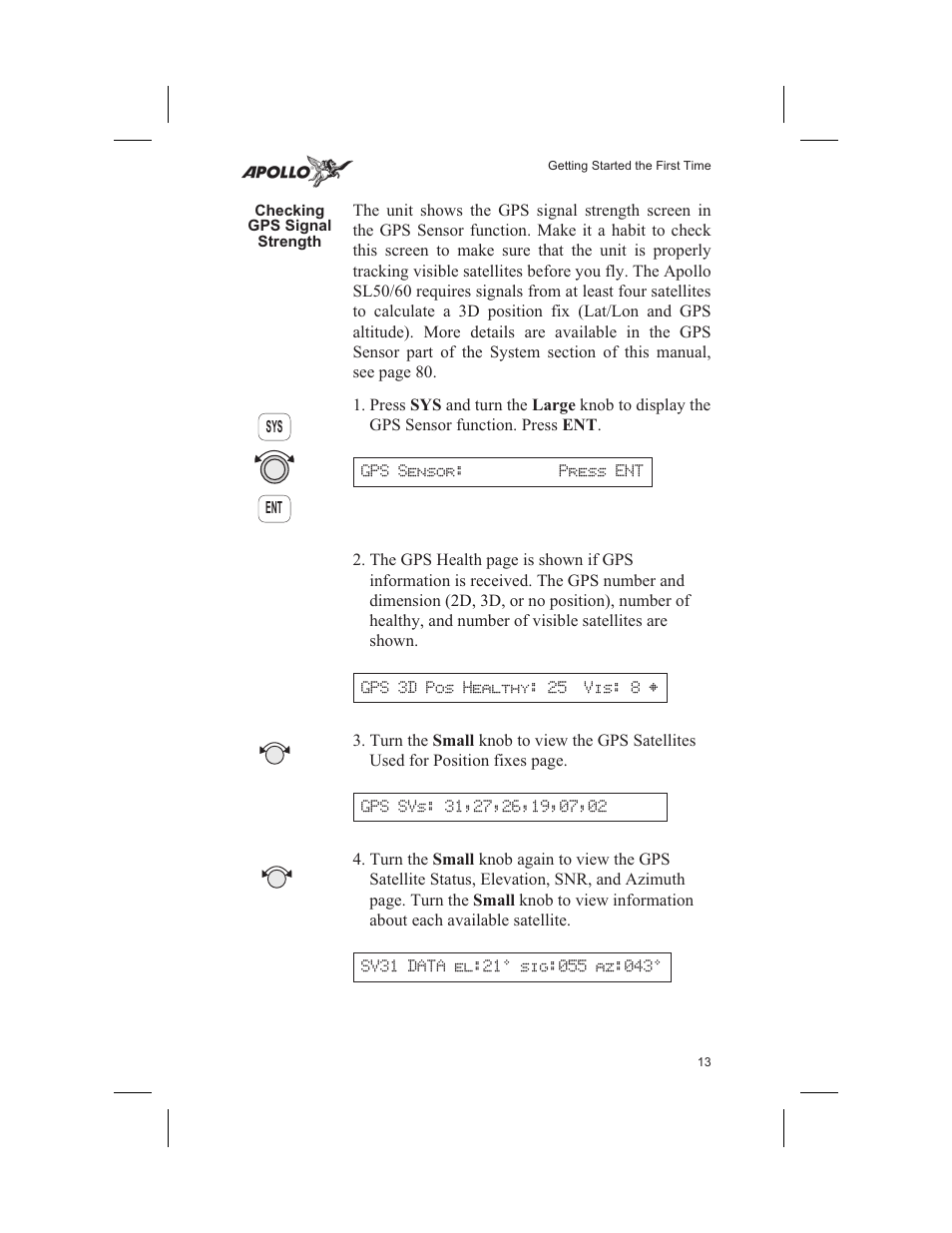 Checking gps signal strength 13, Health 13, Satellites 13, 81 | Signal strength 13, Checking gps signal strength | Garmin SL60 User Manual | Page 23 / 134