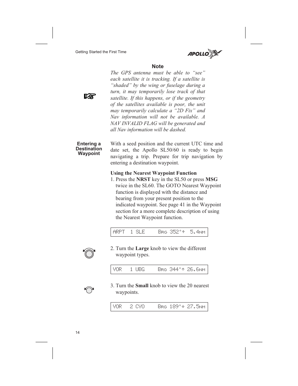 Entering a destination waypoint 14, Using the nearest waypoint function 14, Nearest waypoint 14 | Destination 14, 59, Nearest 14, Entering a destination waypoint, Using the nearest waypoint function | Garmin SL60 User Manual | Page 24 / 134