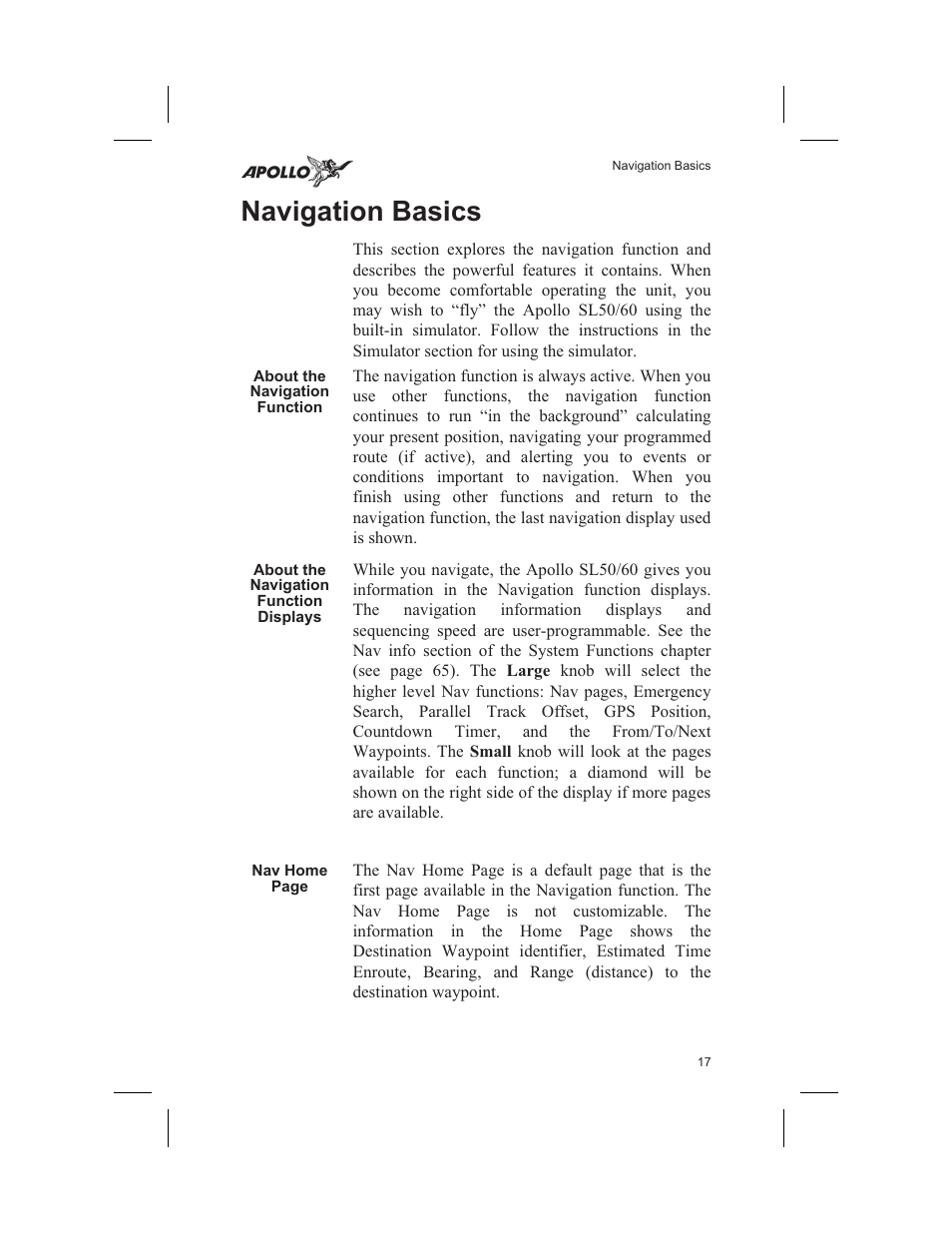 Navigation basics 17, About the navigation function 17, About the navigation function displays 17 | Navigation 17, 65, Navigation basics, About the navigation function, About the navigation function displays | Garmin SL60 User Manual | Page 27 / 134