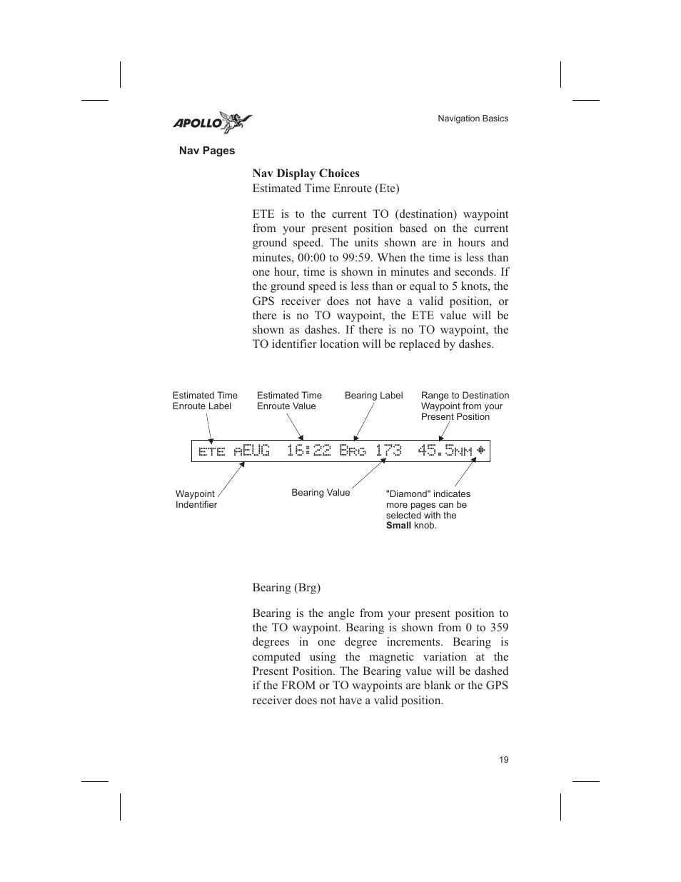 Nav display choices 19, Bearing 19, Nav display 19 | Estimated time enroute 19, 51, 52, Nav display choices | Garmin SL60 User Manual | Page 29 / 134