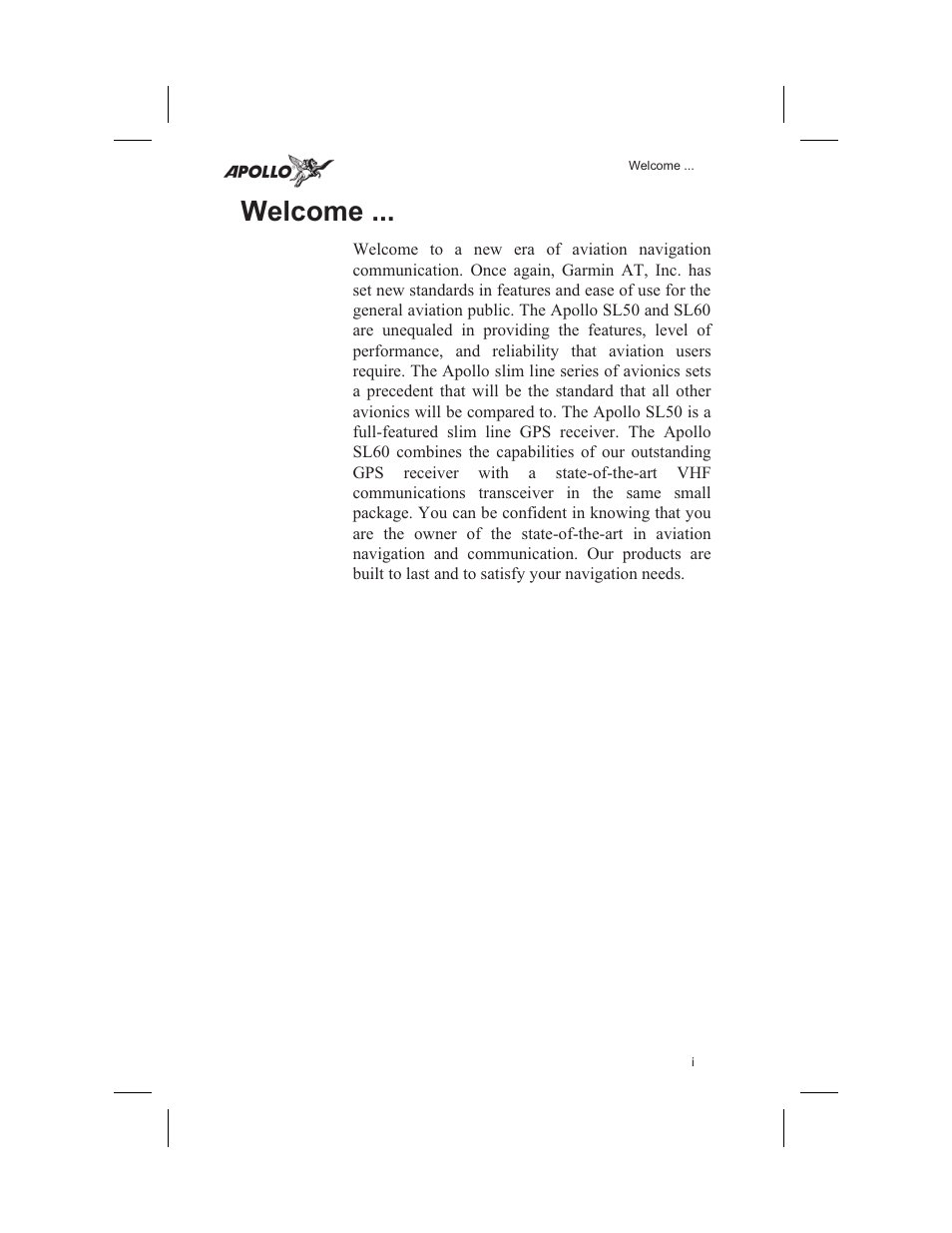 Welcome ... i, Welcome | Garmin SL60 User Manual | Page 3 / 134