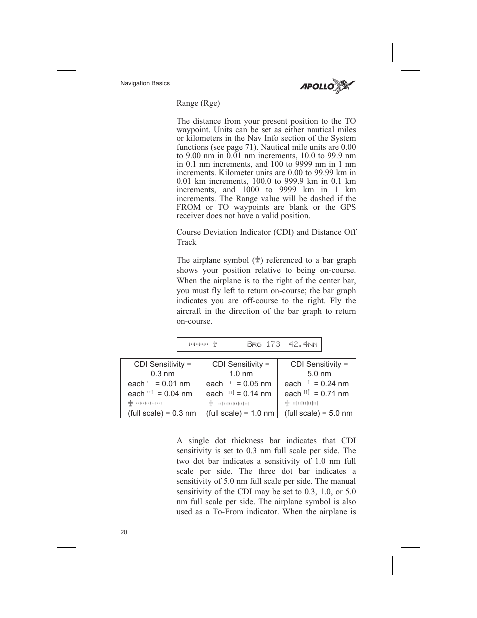 Bar graph 20, Cdi 20, Sensitivity 20 | Distance off track 20, Range 20, Airplane 20 | Garmin SL60 User Manual | Page 30 / 134