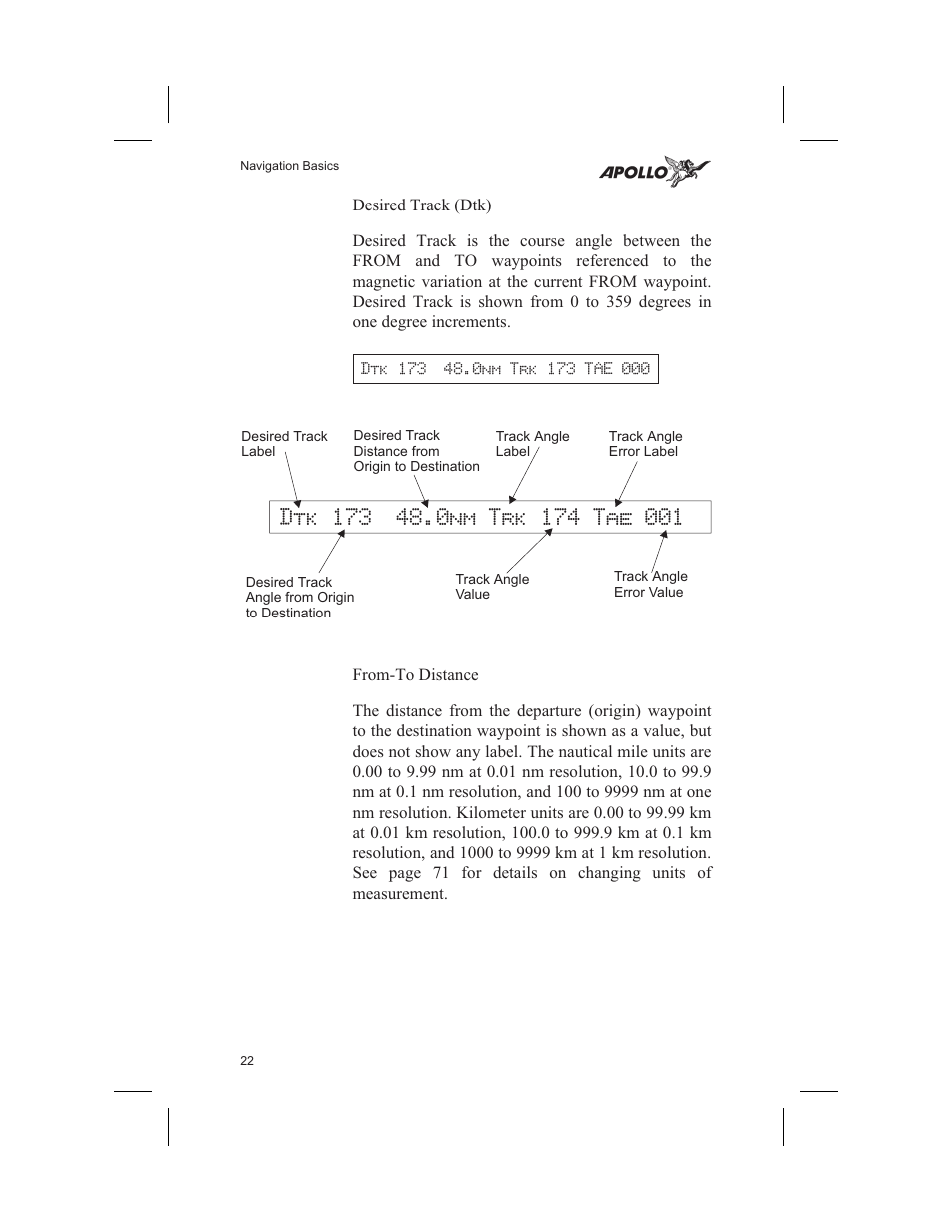 Desired track 22, From-to distance 22 | Garmin SL60 User Manual | Page 32 / 134