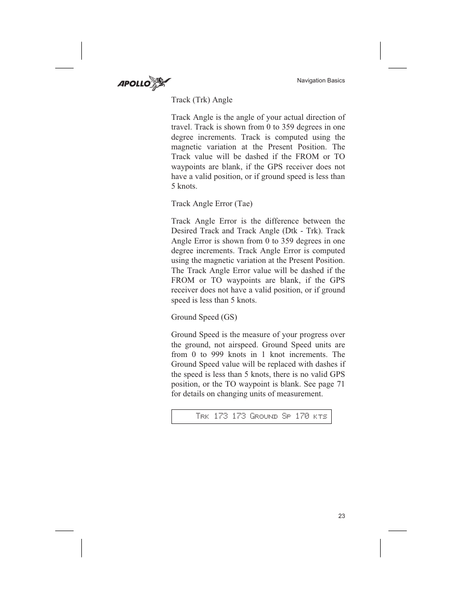 Ground speed 23, Track angle 23, Track angle error 23 | Garmin SL60 User Manual | Page 33 / 134