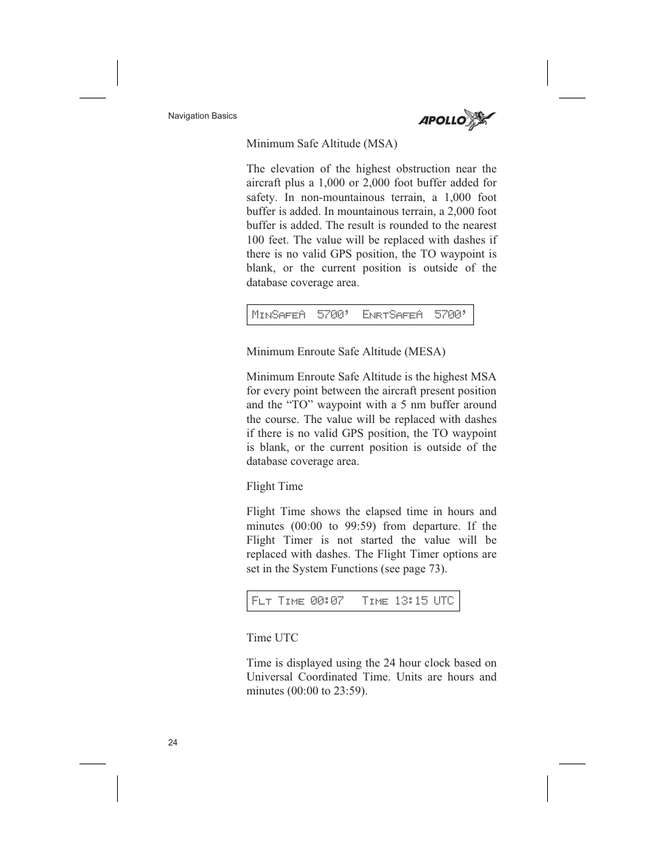 Flight time 24, 73, Minimum enroute safe altitude 24, Minimum safe altitude 24 | Utc time 24 | Garmin SL60 User Manual | Page 34 / 134