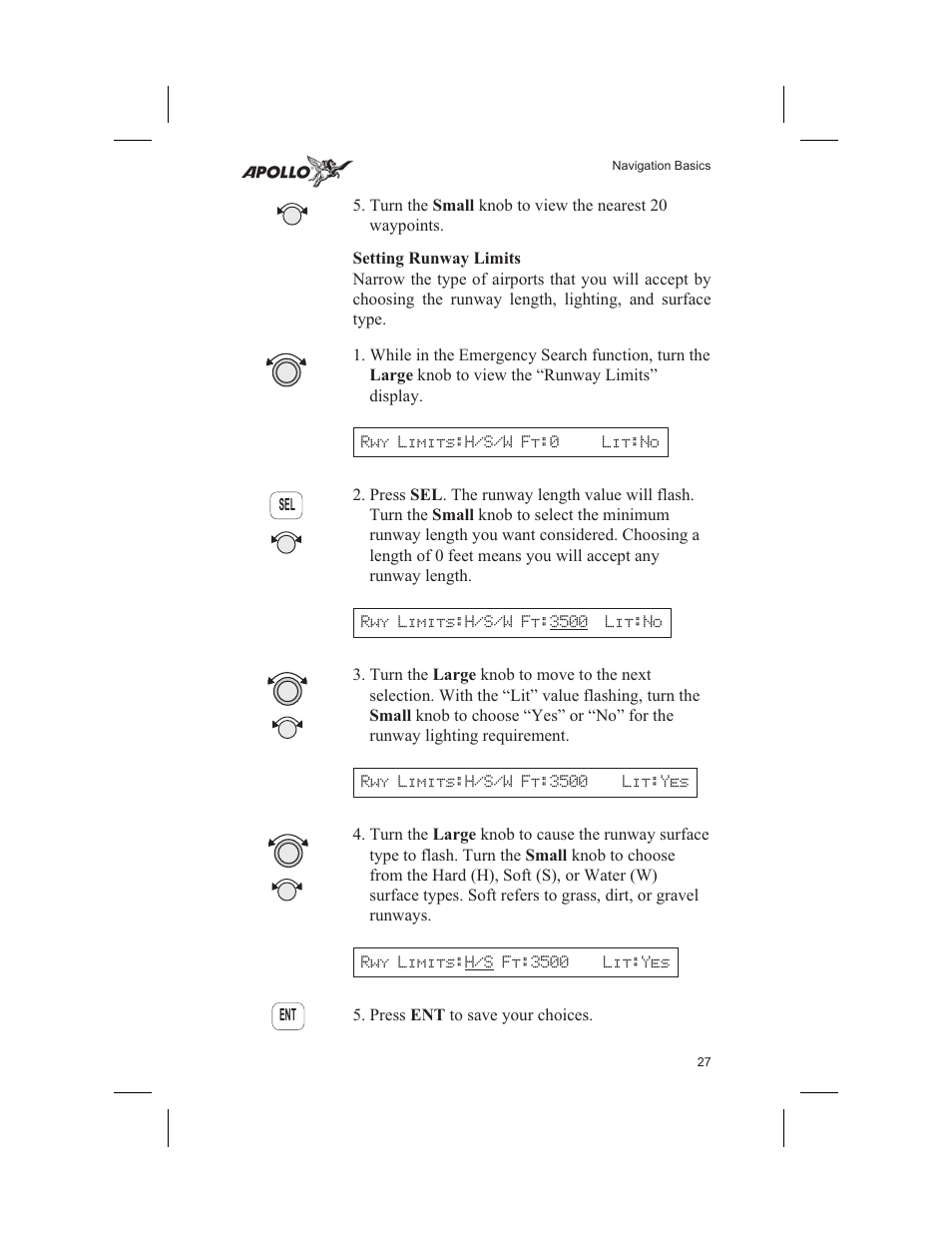 Setting runway limits 27, Runway limits 27, Runway surface 27 | Setting runway limits | Garmin SL60 User Manual | Page 37 / 134