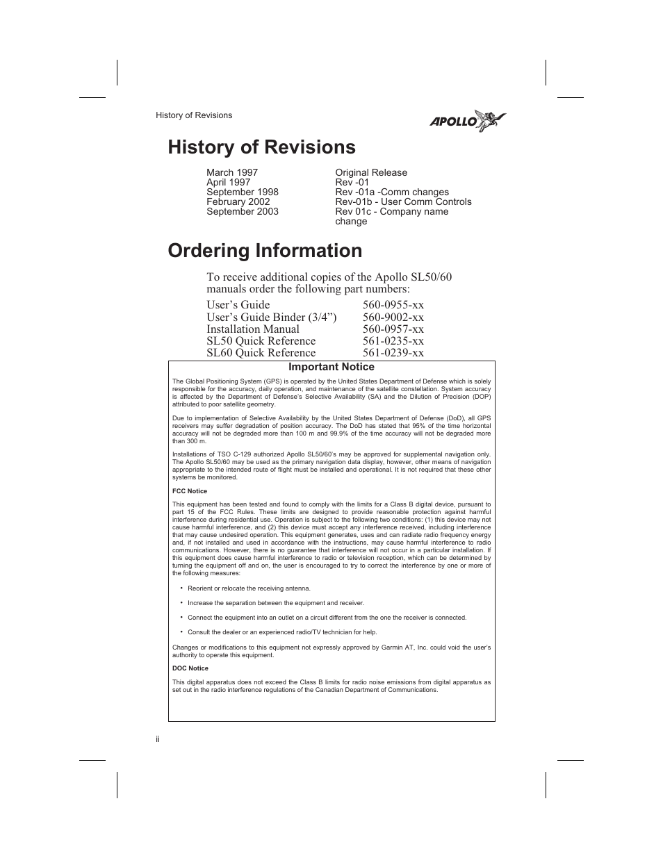 History of revisions ii, Ordering information ii, Part numbers ii | History of revisions, Ordering information | Garmin SL60 User Manual | Page 4 / 134