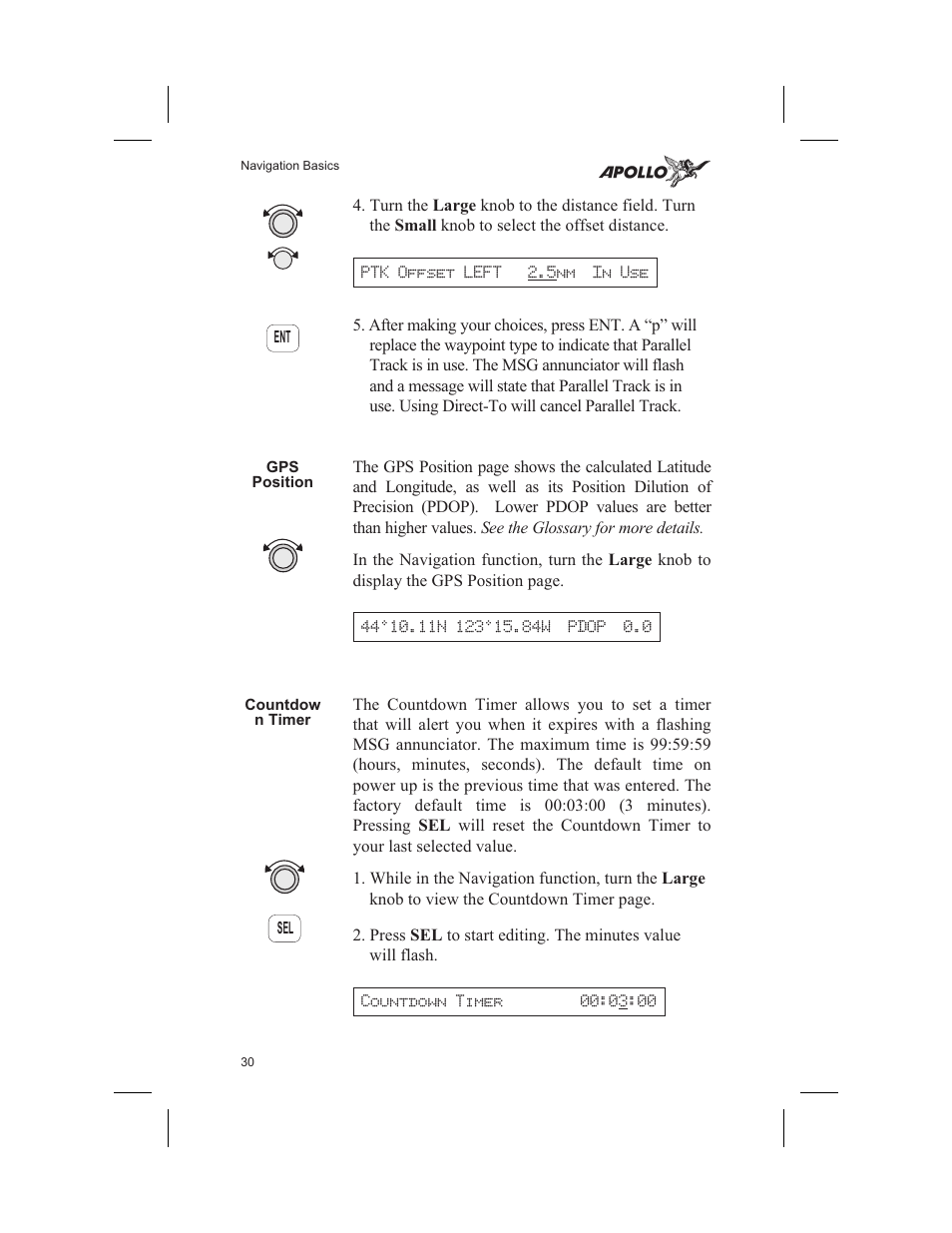 Gps position 30, Countdown timer 30, Position 30 | Parallel track 29 30, Pdop 30, Gps position, Countdown timer | Garmin SL60 User Manual | Page 40 / 134