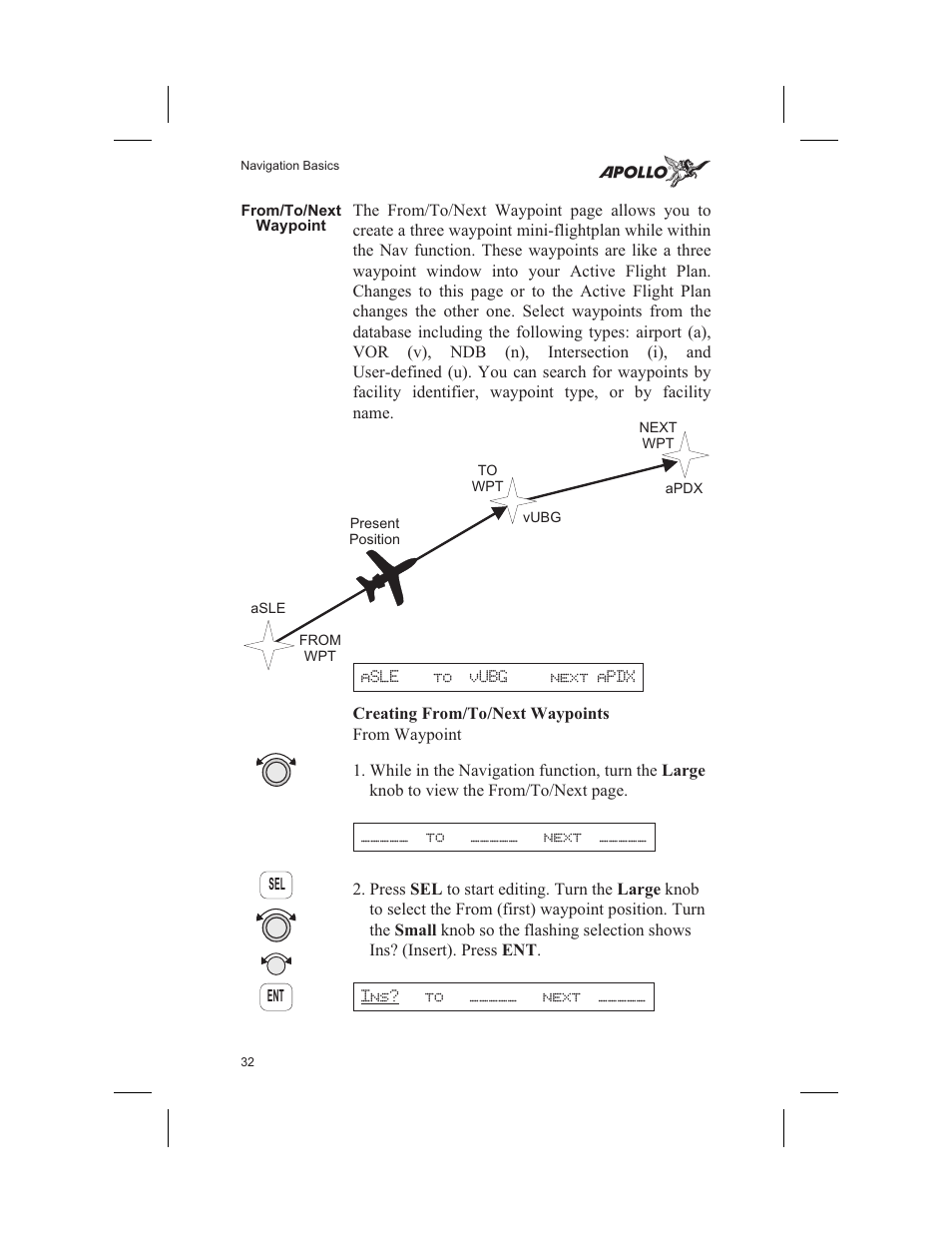 From/to/next waypoint 32, Creating from/to/next waypoints 32, From/to/next 32, 35 | Type 32, From/to/next waypoint, Creating from/to/next waypoints | Garmin SL60 User Manual | Page 42 / 134