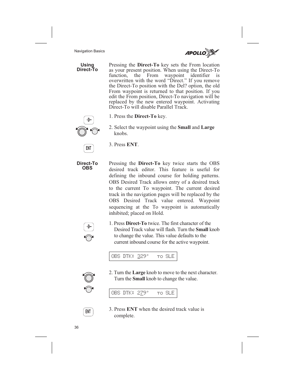 Using direct-to 36, Direct-to obs 36, Obs 36 | Using direct-to, Direct-to obs | Garmin SL60 User Manual | Page 46 / 134