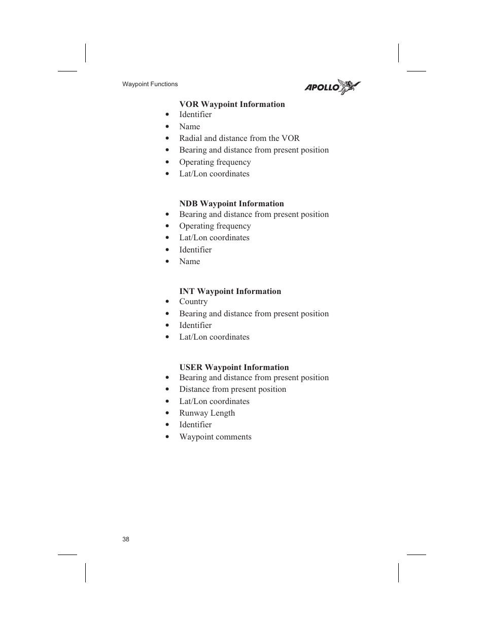 Intersection info 38, Ndb info 38, User info 38 | Vor info 38 | Garmin SL60 User Manual | Page 48 / 134