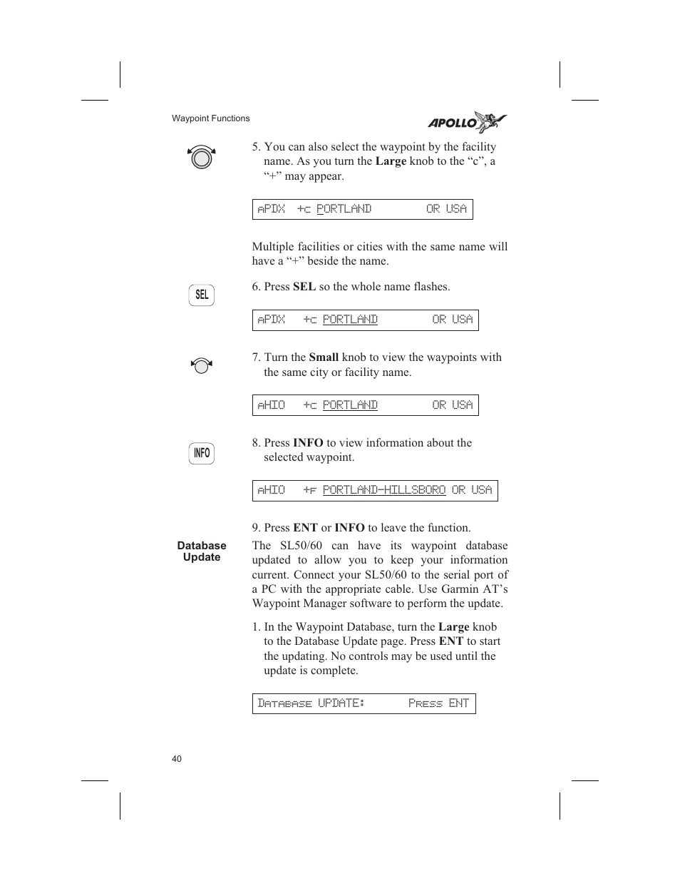 Database update 40, Multiple facilities 40, Database update | Garmin SL60 User Manual | Page 50 / 134