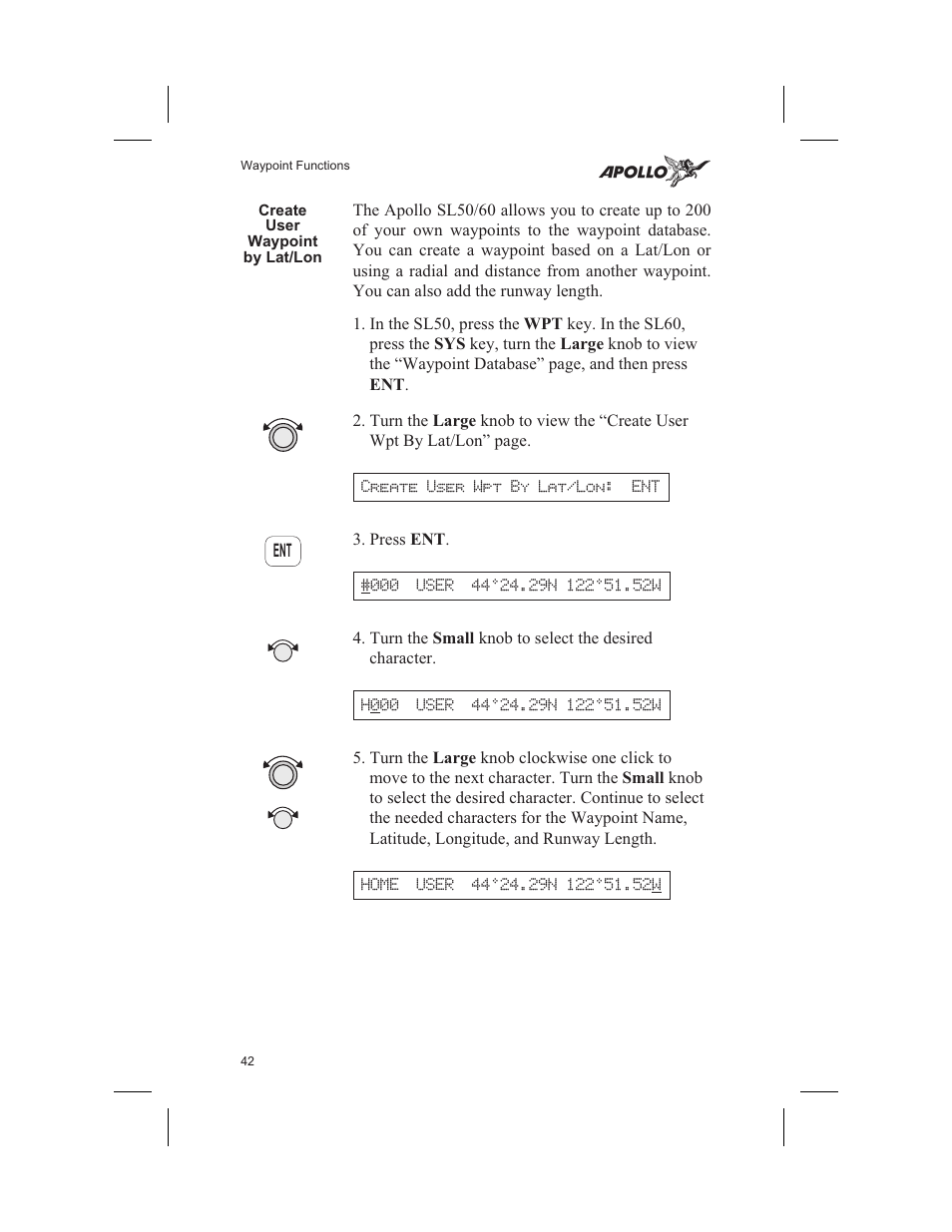 Create user waypoint by lat/lon 42, User 42, 44, 45, 46, Create user waypoint by lat/lon | Garmin SL60 User Manual | Page 52 / 134