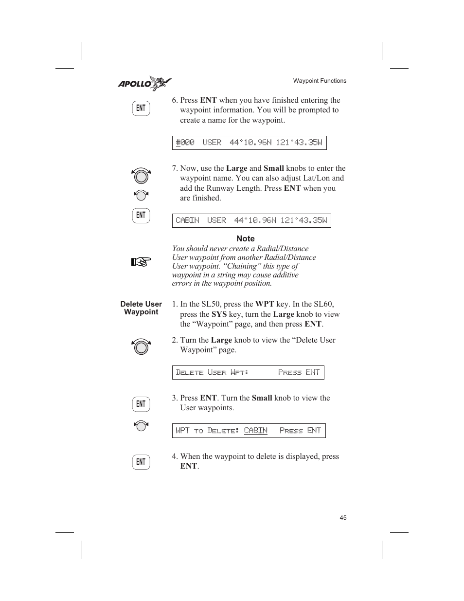 Delete user waypoint 45, Delete user waypoint | Garmin SL60 User Manual | Page 55 / 134