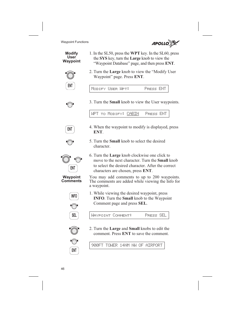 Modify user waypoint 46, Waypoint comments 46, Comments 46 | Modify user waypoint, Waypoint comments | Garmin SL60 User Manual | Page 56 / 134