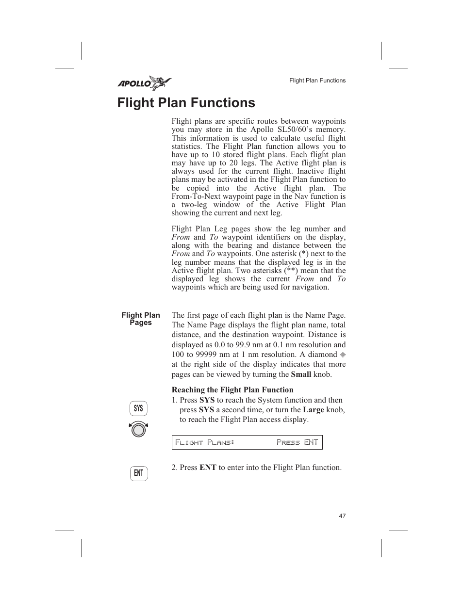 Flight plan functions 47, Reaching the flight plan function 47, Flight plan 47-61 | Flight plan functions, Reaching the flight plan function | Garmin SL60 User Manual | Page 57 / 134