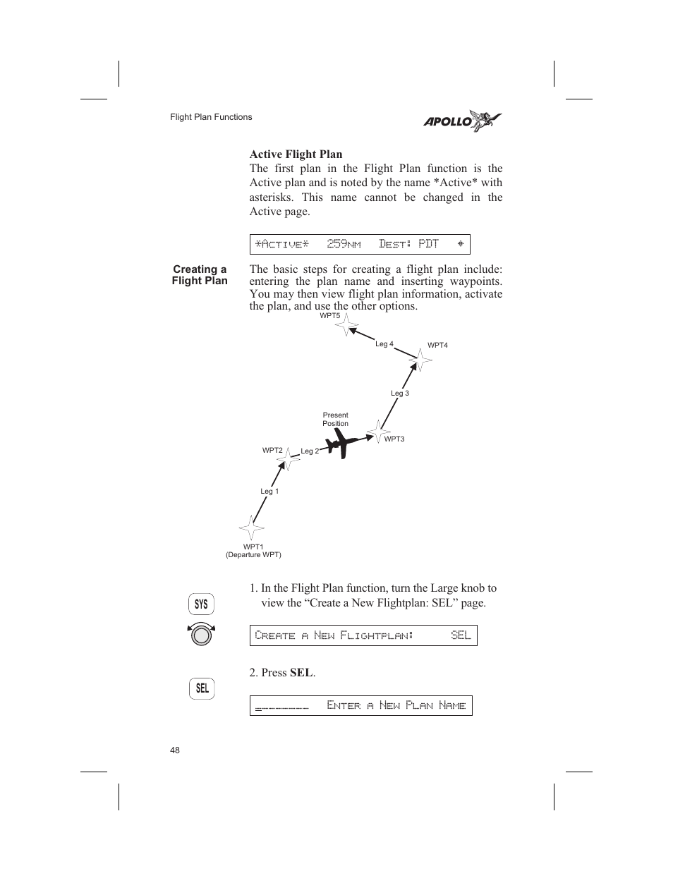 Active flight plan 48, Creating a flight plan 48, Active 48 | Creating 48, Active flight plan, Creating a flight plan, Sel sys | Garmin SL60 User Manual | Page 58 / 134