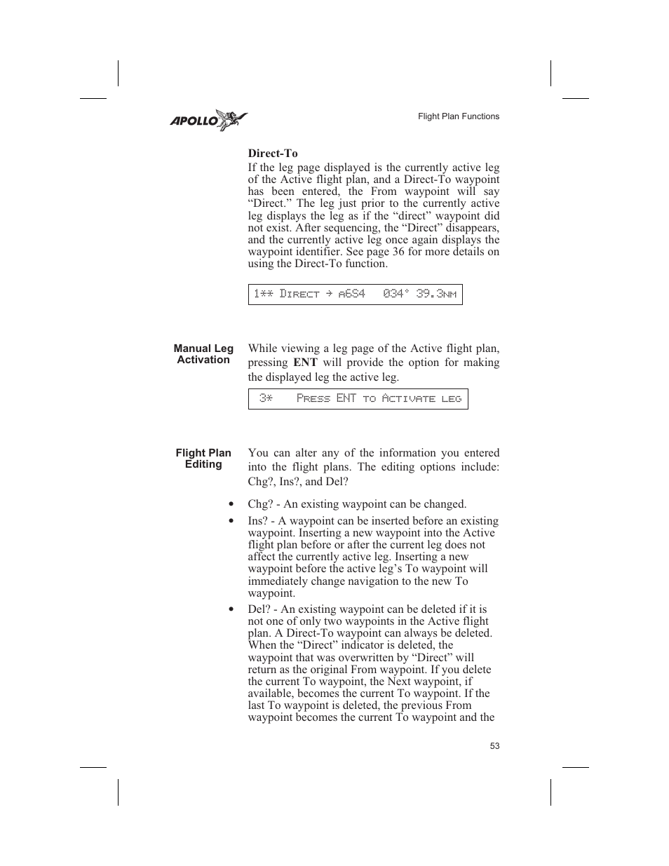 Manual leg activation 53, Flight plan editing 53, Editing 53, 54 | Manual leg 53, Manual leg activation, Flight plan editing | Garmin SL60 User Manual | Page 63 / 134