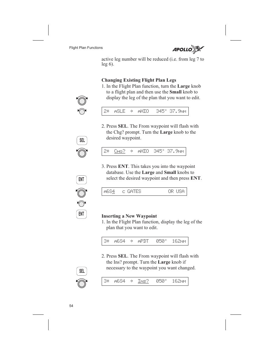 Changing existing flight plan legs 54, Inserting a new waypoint 54, Inserting legs 54 | Changing existing flight plan legs, Inserting a new waypoint | Garmin SL60 User Manual | Page 64 / 134