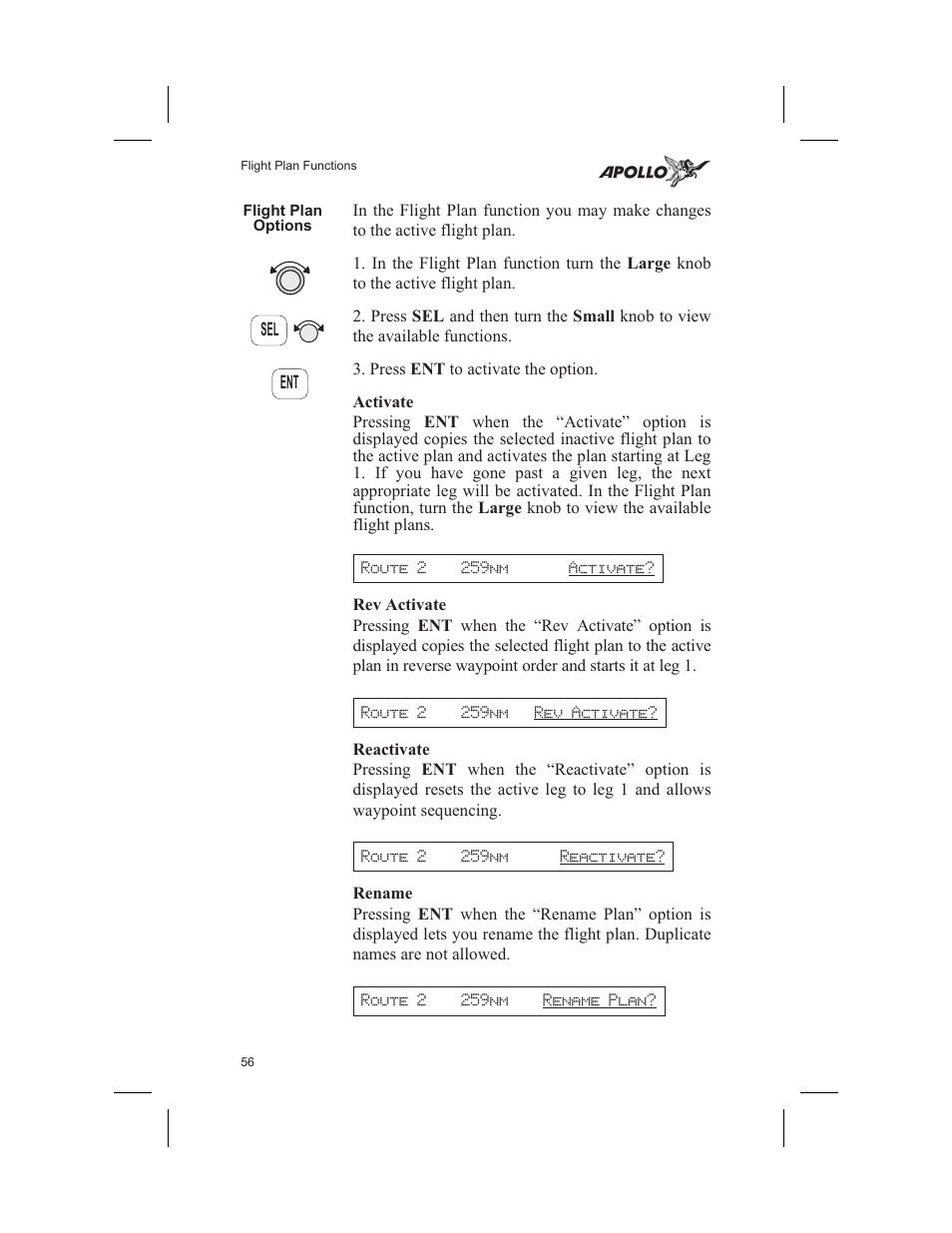 Flight plan options 56, Activate 56, Rev activate 56 | Reactivate 56, Rename 56, Options 56, Flight plan options, Activate, Rev activate, Reactivate | Garmin SL60 User Manual | Page 66 / 134