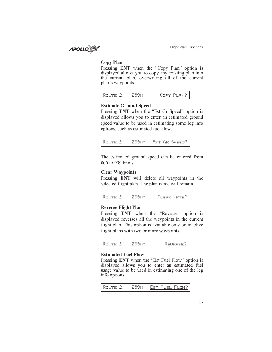 Copy plan 57, Estimate ground speed 57, Clear waypoints 57 | Reverse flight plan 57, Estimated fuel flow 57, Copy plan, Estimate ground speed, Clear waypoints, Reverse flight plan, Estimated fuel flow | Garmin SL60 User Manual | Page 67 / 134