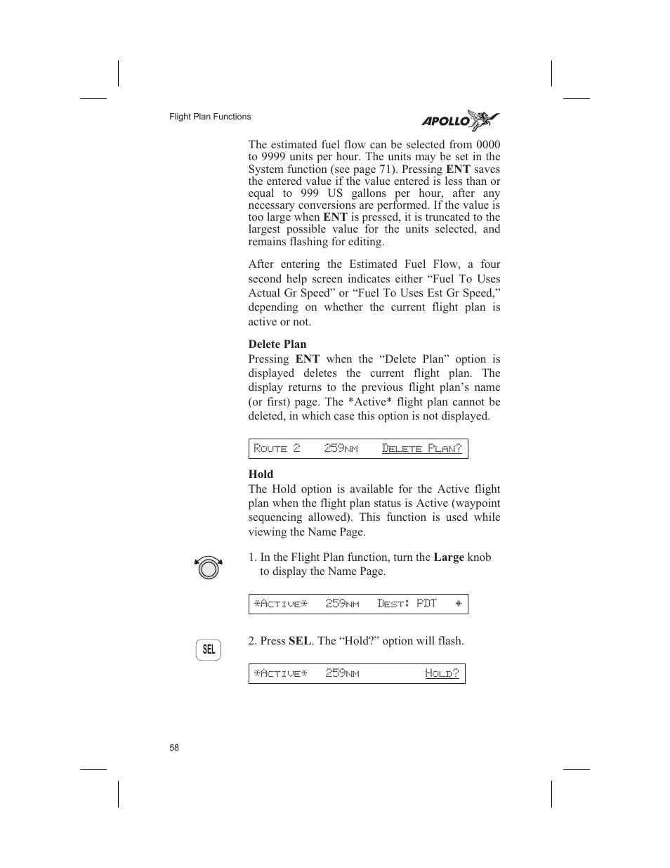 Delete plan 58, Hold 58, Delete plan | Hold | Garmin SL60 User Manual | Page 68 / 134