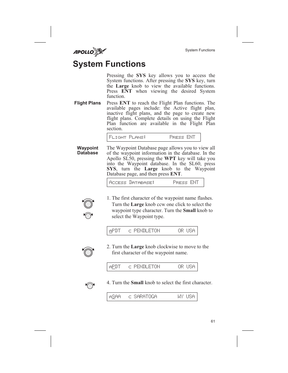 System functions 61, Flight plans 61, Waypoint database 61 | Flight plan 61, System 61-82, Waypoint 61, 92, System functions, Flight plans, Waypoint database | Garmin SL60 User Manual | Page 71 / 134