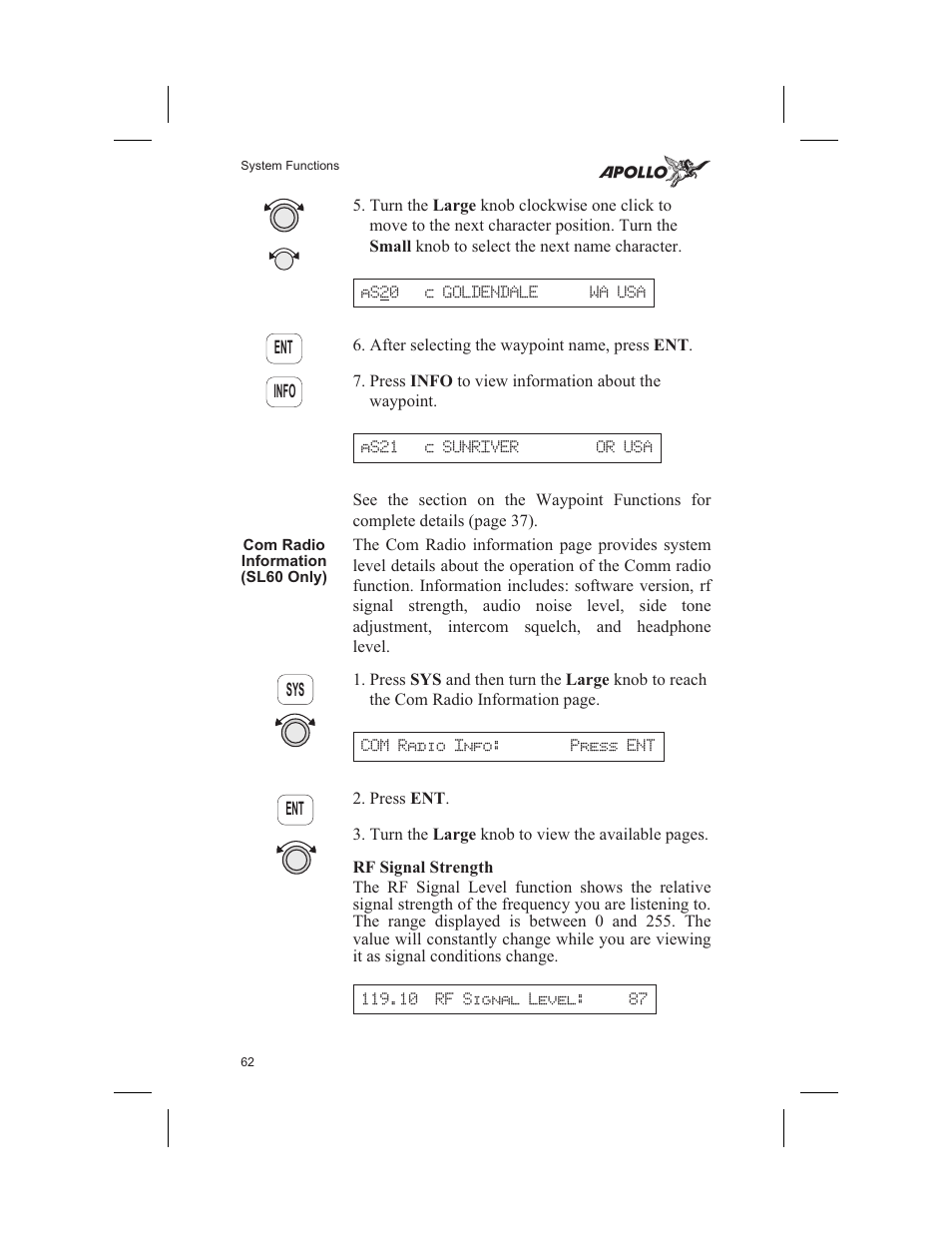 Com radio information (sl60 only) 62, Rf signal strength 62, Info 62 | Signal strength 62, Com radio information (sl60 only), Rf signal strength | Garmin SL60 User Manual | Page 72 / 134